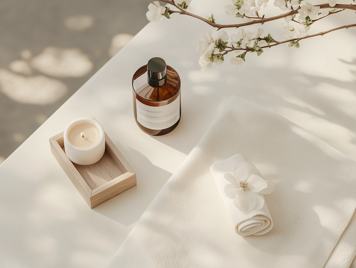 Aromo wellness scene with essential oils and candle